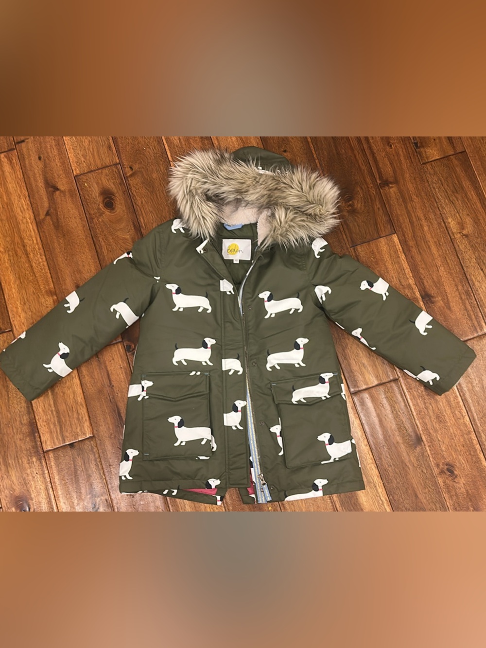 Mini Boden Dachshund Green Puffer Jacket  and Faux Fur Trim- perfect condition